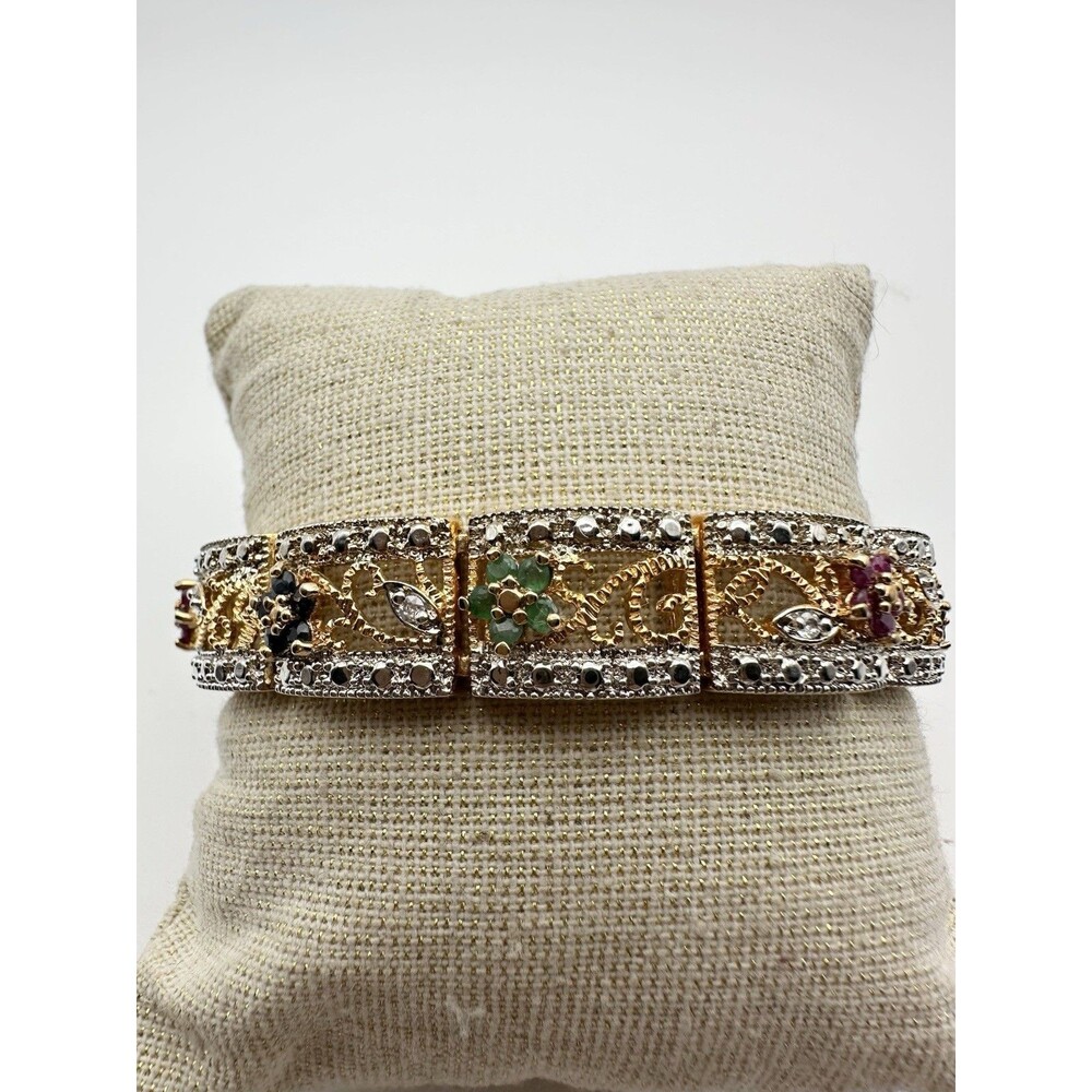 925 Sterling Silver Genuine Ruby Sapphire Emerald Floral Clear C Z Bracelet 7.25